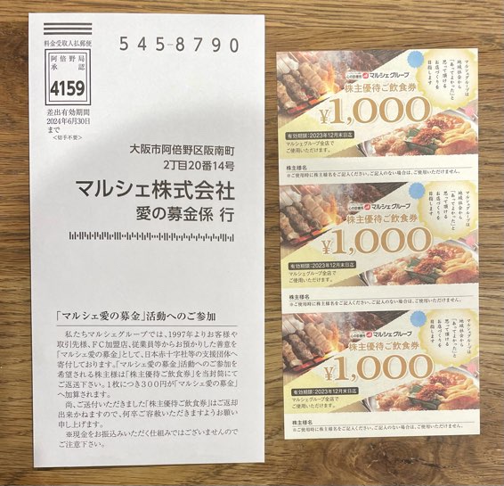 2025年6月末日期限 マルシェ 株主様特別ご飲食券2000円分 なげこめ