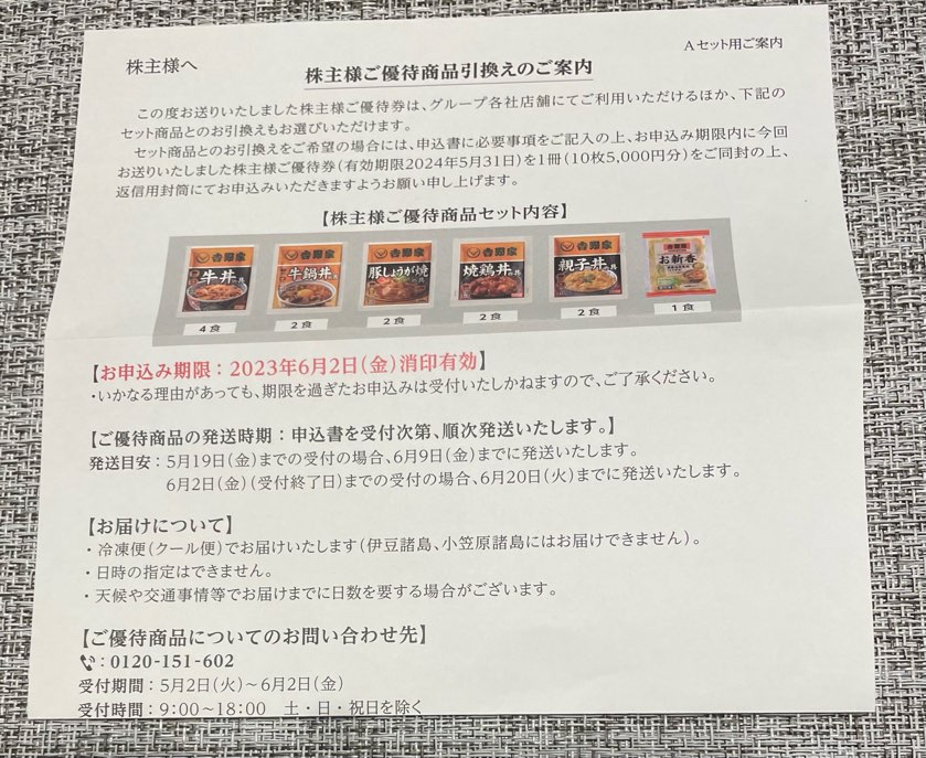 9861】吉野家の株主優待（2023年2月末権利）ウィズリンクのラーメンも